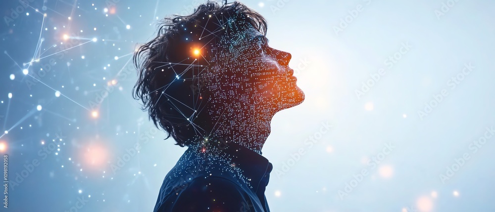 Poster man in a blue shirt holding a holographic digital data visualization with binary code and network co