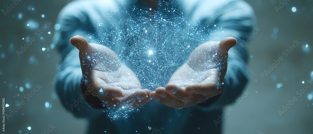 Poster man in a blue shirt holding a holographic digital data visualization with binary code and network co