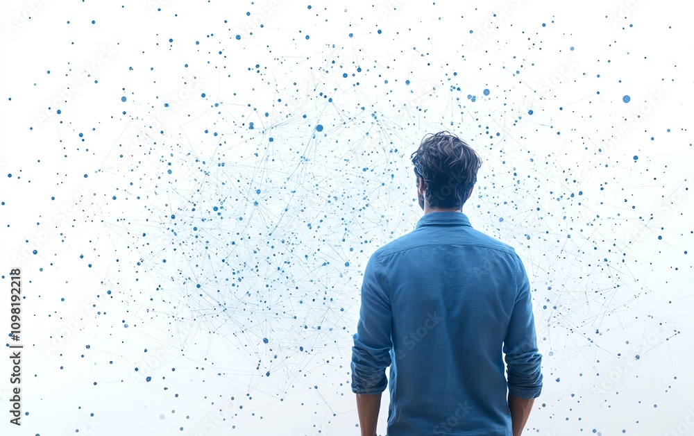 Poster man in a blue shirt showcasing a 3d holographic digital data visualization with binary code and netw