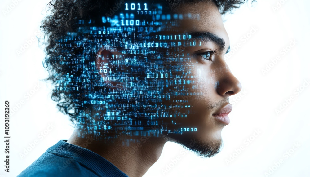Poster man in a blue shirt with a holographic data display showing binary code and network connections, whi