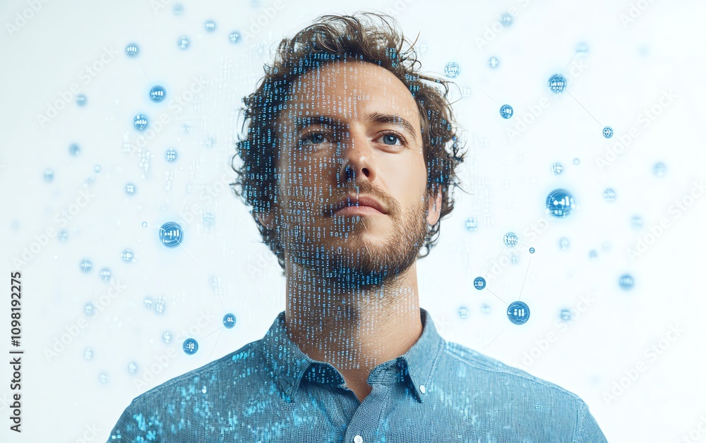 Poster man in a blue shirt showcasing a 3d holographic digital data visualization with binary code and netw