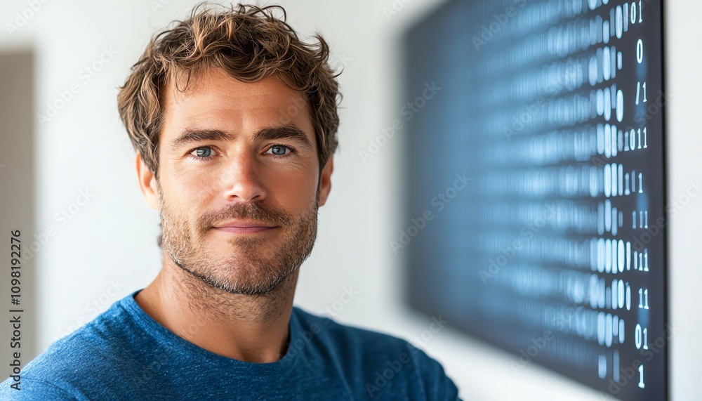 Poster man in a blue shirt with a holographic data display showing binary code and network connections, whi