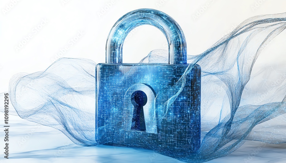 Poster modern digital padlock hologram with dynamic data elements, blue network lines, and white background