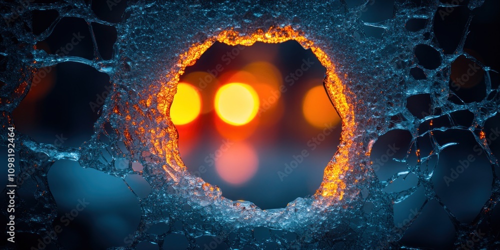Aufkleber sparkling ice with a circular hole reflecting warm lights at night creating a magical atmosphere