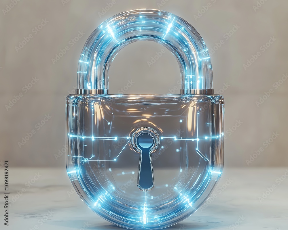Poster 3d rendered digital padlock hologram with floating data elements, blue network lines on a white back