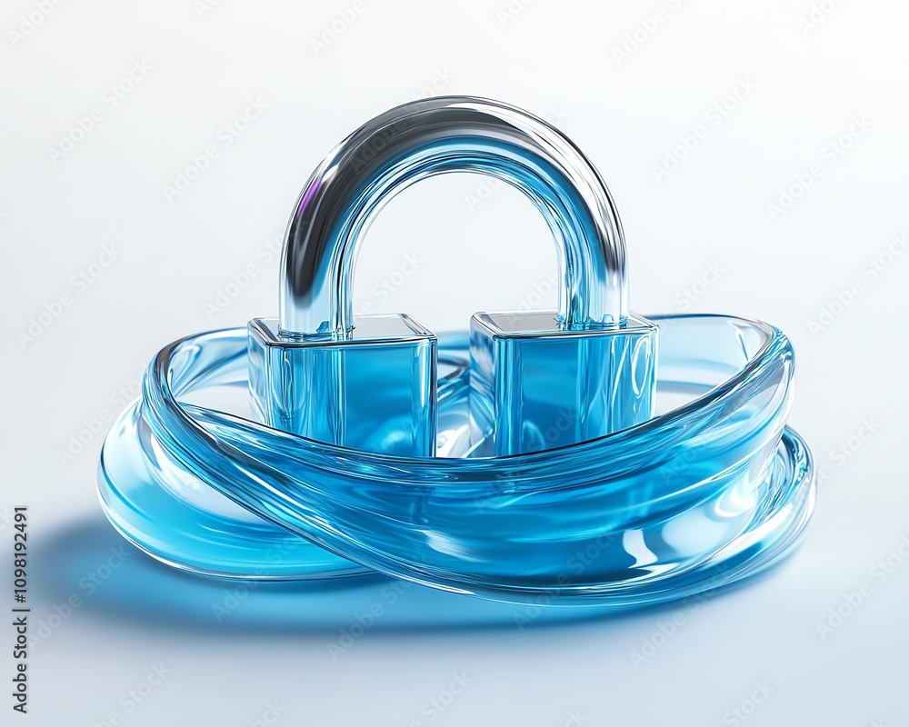 Aufkleber 3d rendered digital padlock hologram with floating data elements, blue network lines on a white back