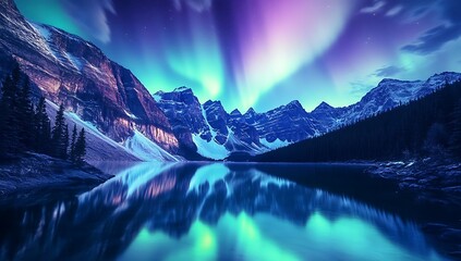 Aurora Borealis Illuminates Majestic Mountain Lake Scene