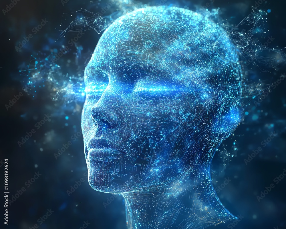 Poster abstract ai concept with a human head formed by data streams and circuits, glowing blue background, 