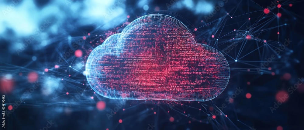 Poster digital cloud symbol with data connections, representing cloud computing and technology.