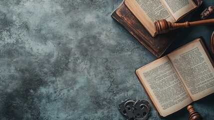 Obraz premium Top view of law books, gavel, and scale of justice on a rustic background with copy space.