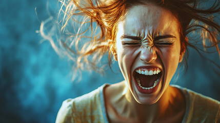 Obraz premium Intense portrait of a young woman with wild, messy hair screaming in frustration and anger against a vibrant teal background