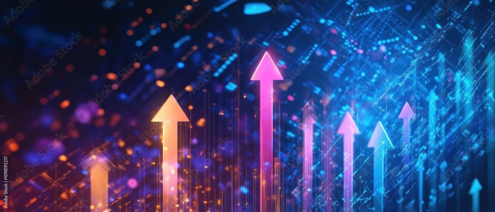 Poster abstract digital design featuring upward arrows symbolizing growth and progress.