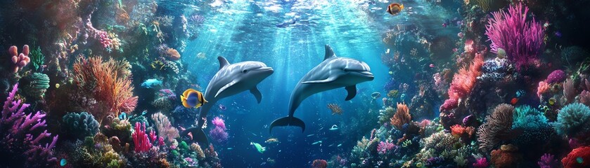 Naklejka premium Epic underwater kingdom, mythical creatures dance with dolphins, bioluminescent corals glow, vibrant colors blend together, enchanting atmosphere, dreamlike quality
