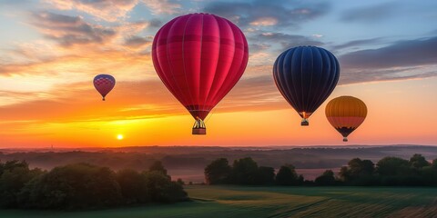 Fototapeta premium Colorful hot air balloons soar over a stunning desert landscape at sunset. created by ai