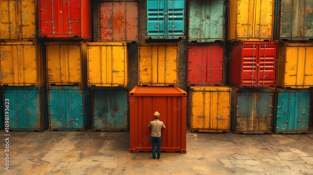 Poster a single red container stands out amongst a wall of colorful containers, with a man standing in fron