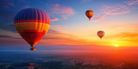 Obraz premium Colorful hot air balloons soar over a stunning desert landscape at sunset. created by ai