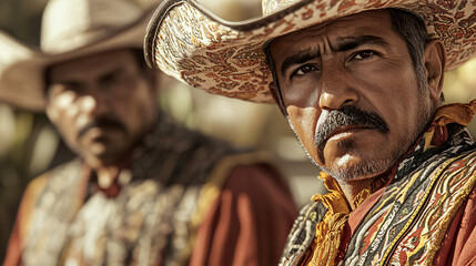 Serious mexican charro in traditional sombrero and clothing, possibly at a charreada event