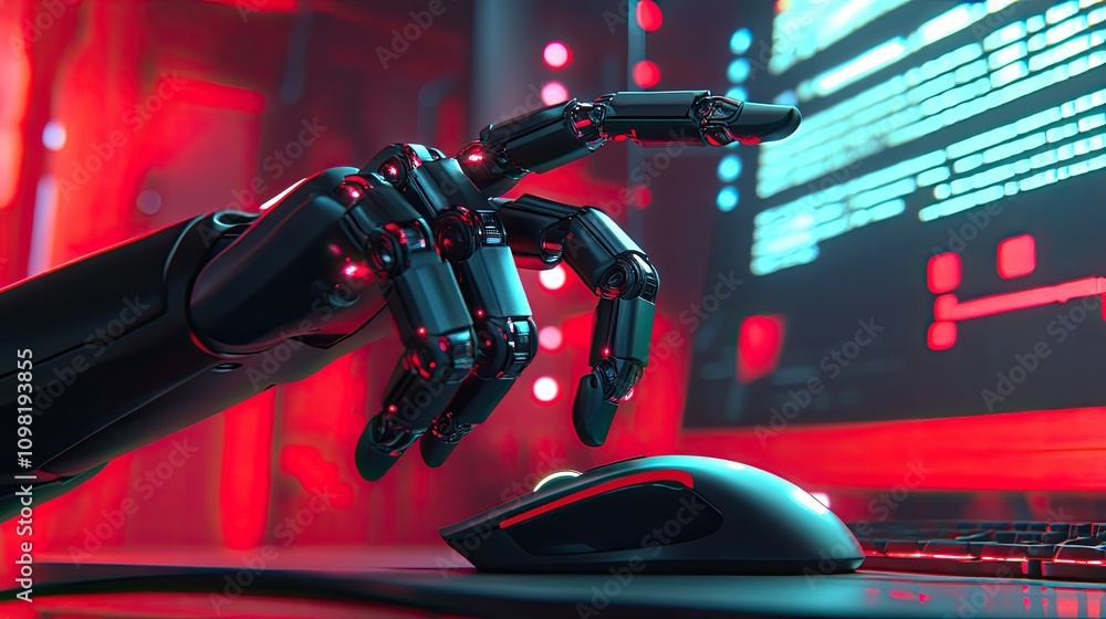 Poster conceptual image of a robot's hand firmly holding a computer mouse, representing advanced technology
