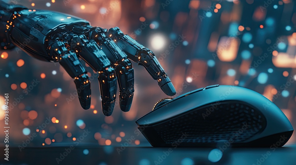Poster conceptual image of a robot's hand firmly holding a computer mouse, representing advanced technology