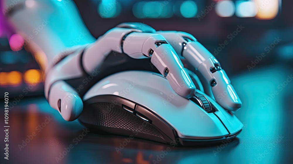 Poster conceptual image of a robot's hand firmly holding a computer mouse, representing advanced technology