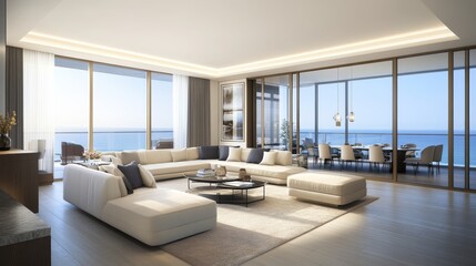 Fototapeta premium Modern living room with ocean view, featuring a cozy design and elegant furnishings.