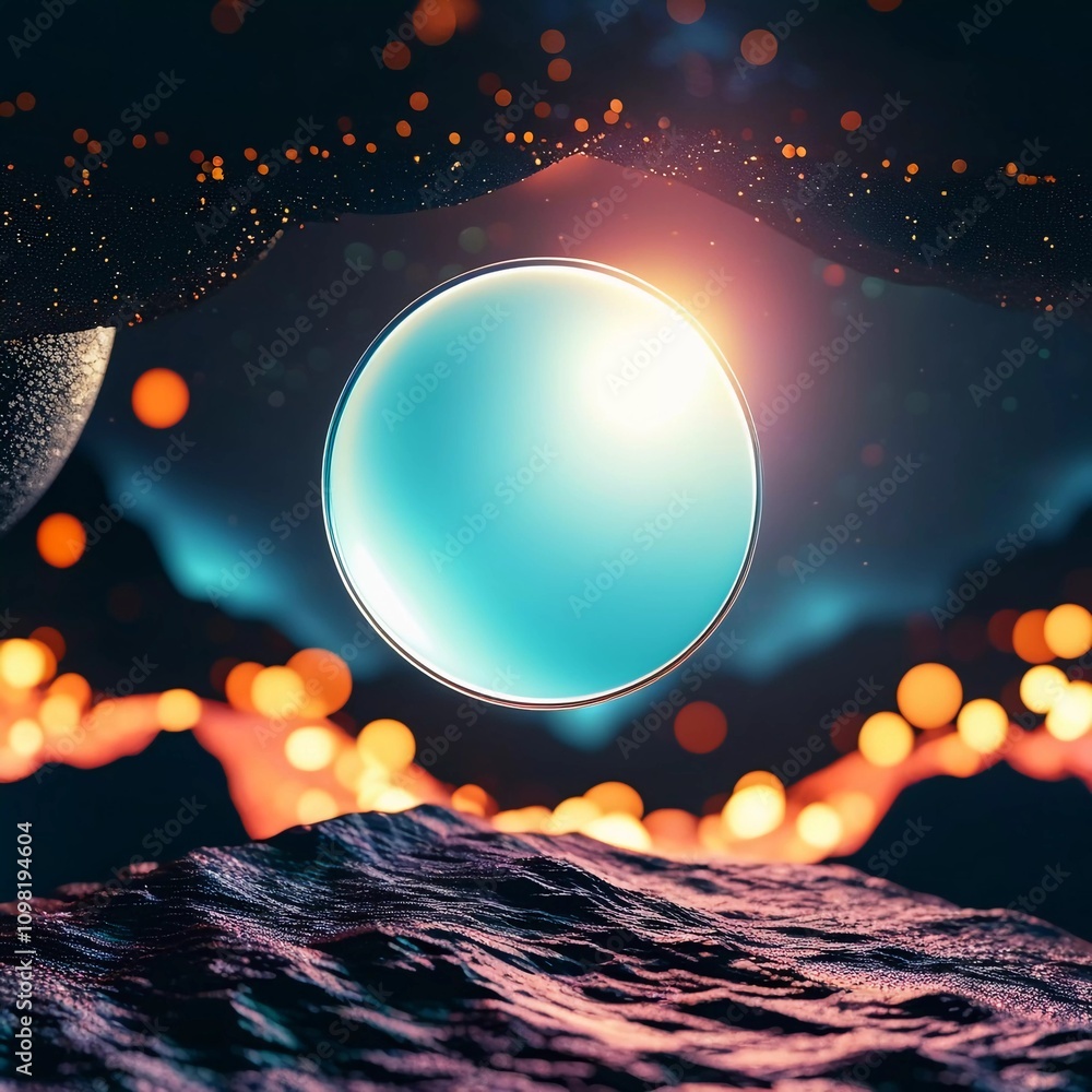 Poster an abstract circle hovers amidst a vibrant environment, with dynamic hues reflecting off a rugged te