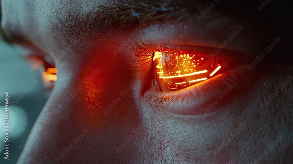 Poster cyber man with advanced screen-like eye technology glowing with digital data streams, representing t