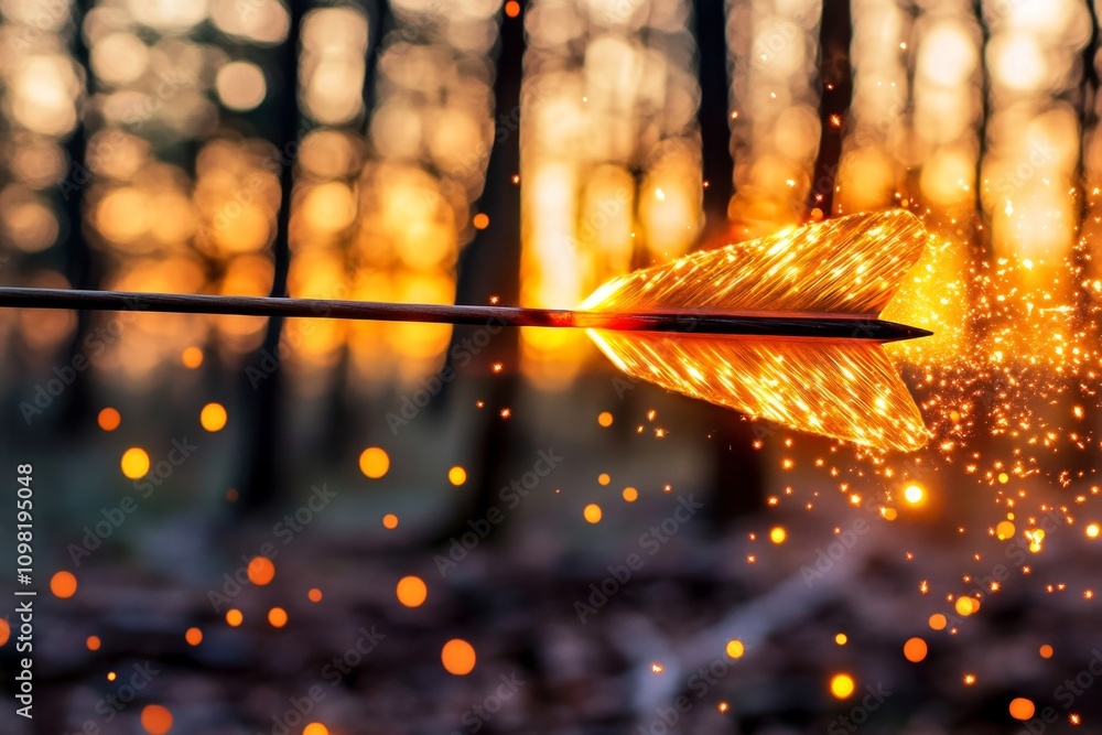 Poster a magical glowing arrow with ethereal trails of light, fired from an enchanted bow in a mystical for