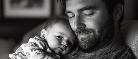 Tender closeup of a new dad holding his baby, fatherhood and bonding, family love, Fathers Day, new parenthood, intimate family moment