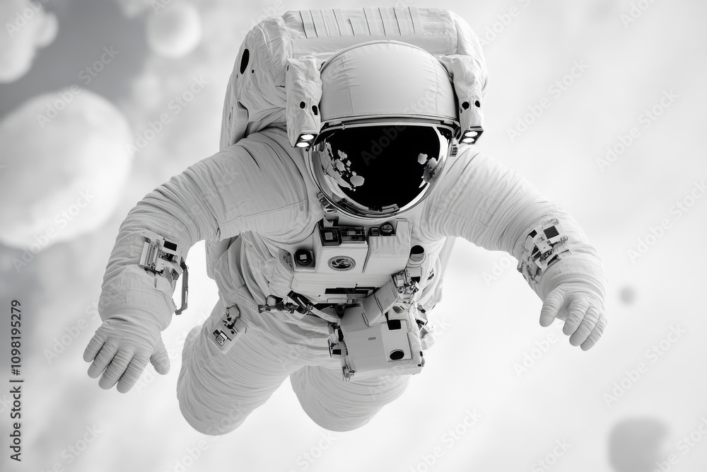 Poster a minimalist design of an astronaut silhouette floating in space, with a simple black and white aest