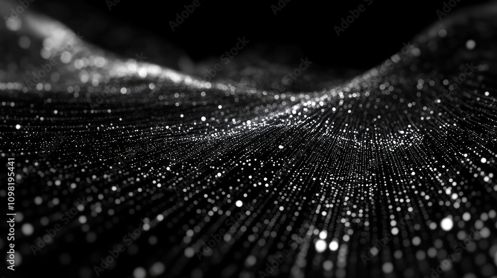 Poster dynamic motion of particles forming waves, dots, and lines, creating a 3d futuristic cyber concept i