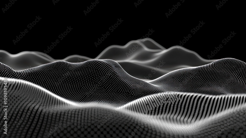 Poster dynamic motion of particles forming waves, dots, and lines, creating a 3d futuristic cyber concept i