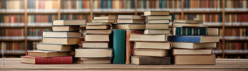 Poster a stack of old books in a library setting, symbolizing knowledge.