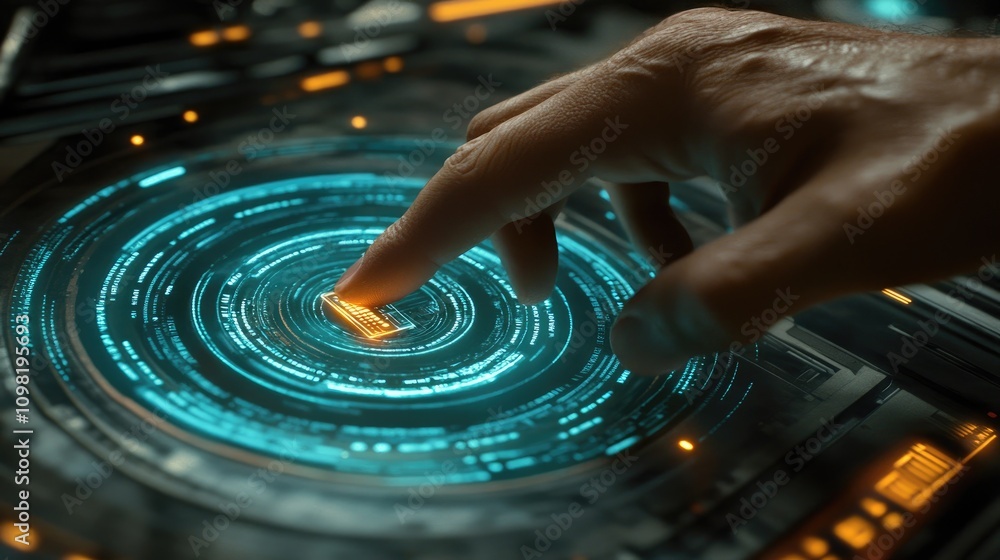 Poster finger touching virtual username and password fields on a holographic display, symbolizing online ac