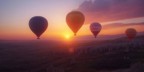 Fototapeta premium Colorful hot air balloons soar over a stunning desert landscape at sunset. created by ai