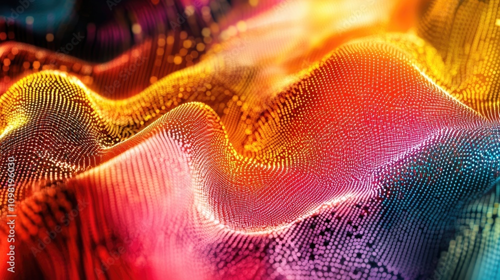 Poster flowing abstract wave of interconnected dots and lines in a vibrant gradient color palette, symboliz