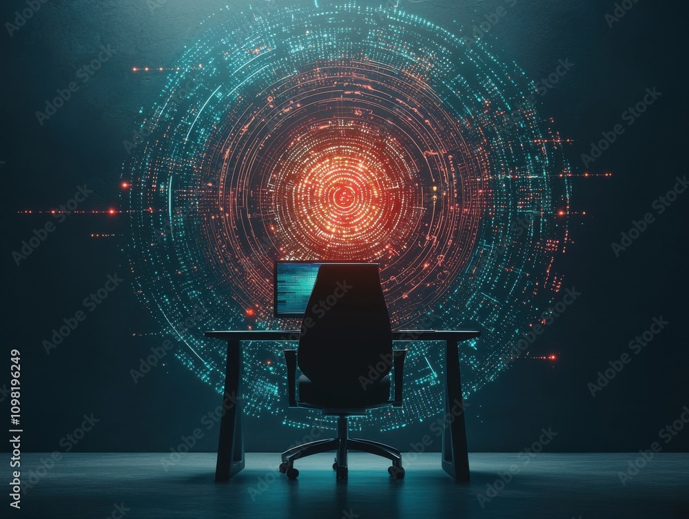 Poster a modern desk setup with digital interfaces and futuristic design.