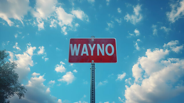 Wayno Sign: A 3D Render of a Red Road Sign Against a Blue Sky Background
