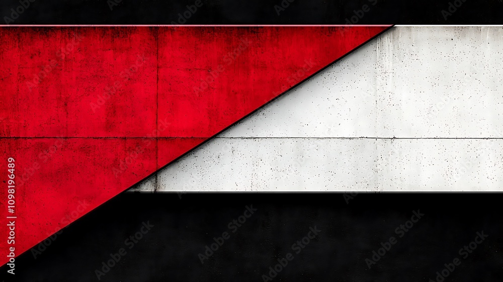 Poster bold red geometric shape juxtaposed against textured background highlighting contrast and modern des