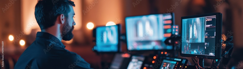 Poster a technician operating multiple screens in a modern setup.