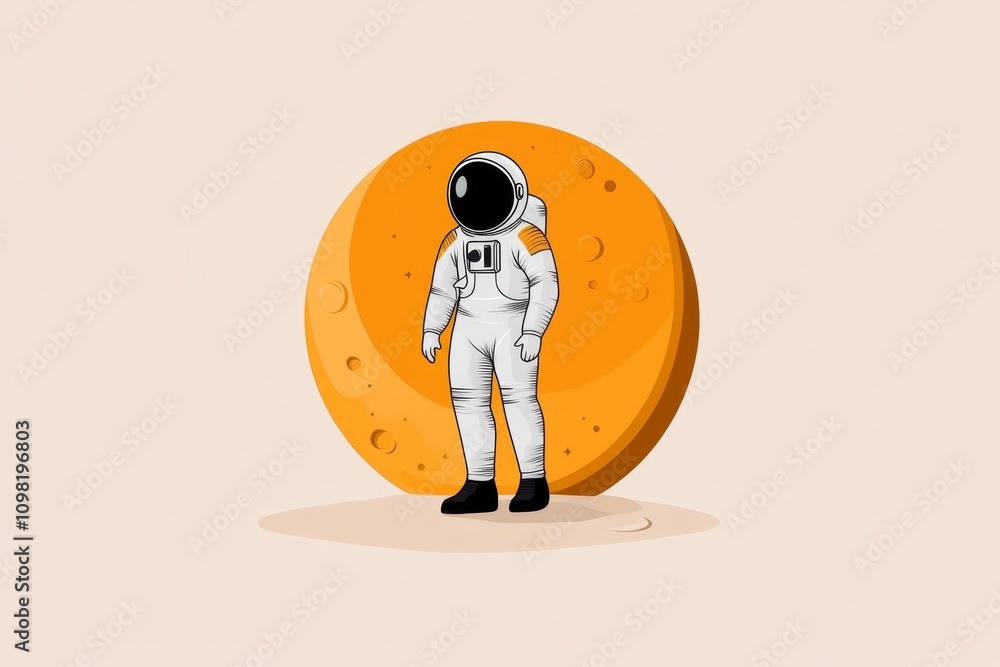 Aufkleber A simple representation of an astronaut standing on a crescent moon, drawn in a flat style with soft pastel tones