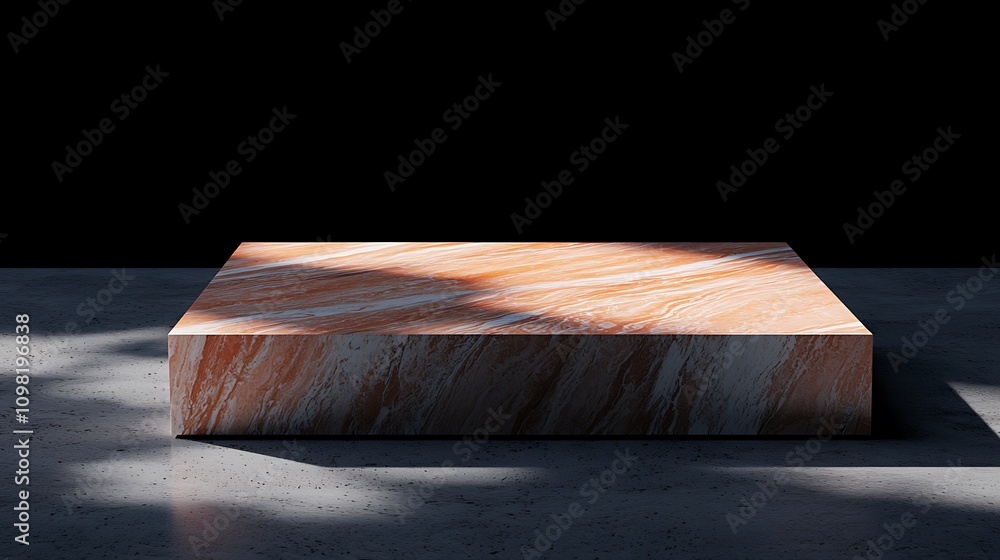 Poster bright red square display object on a pale concrete floor with dramatic lighting and shadows in a mo