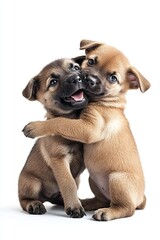 Obraz premium Two cute Slovakian breed puppies playing together, isolated on a white background.