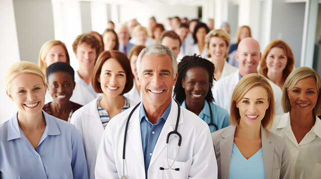 Doctors, nurses, and medical staff stand together united and prepared to care for patients, demonstrating teamwork, dedication and professionalism to uphold their hospital's reputation.