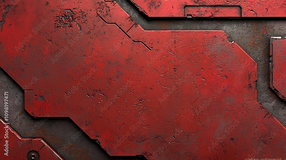 Aufkleber close-up of a red metal structure featuring an angular design with worn textures, ideal for industri