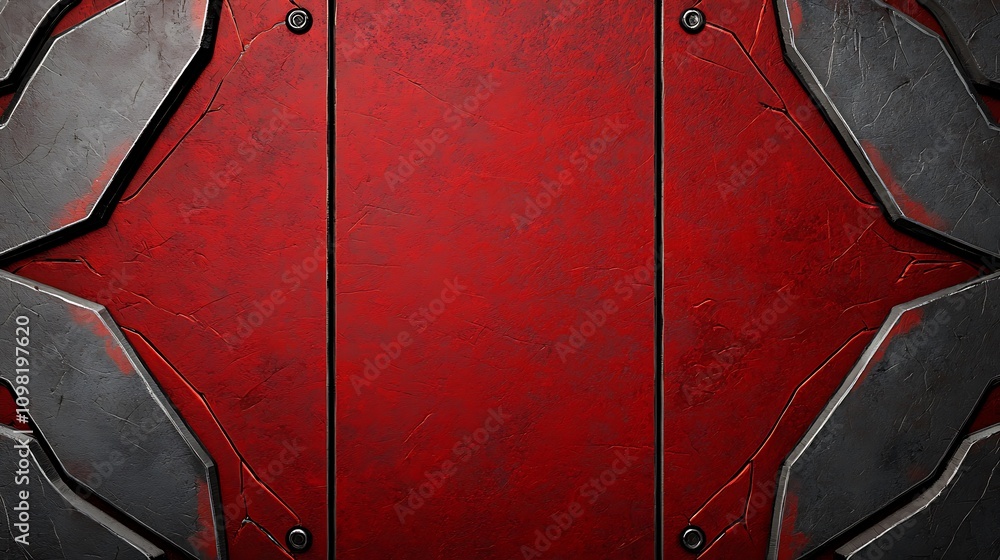 Poster close-up view of a red metal structure with angular design, showcasing textured surface and intricat
