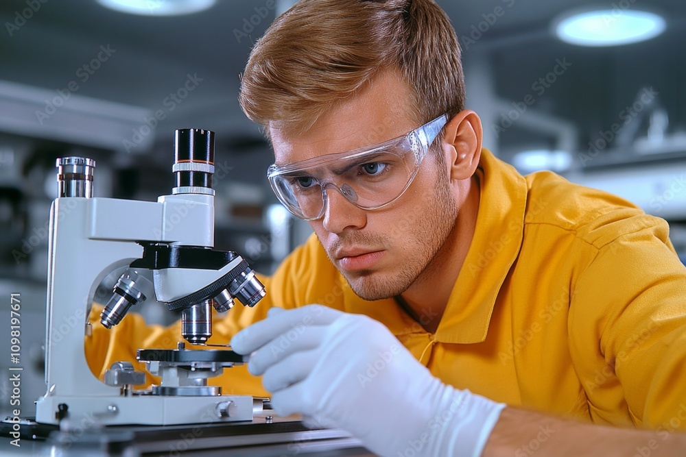 Poster A technician testing a sample of suspected asbestos material in a lab, wearing gloves and using a microscope
