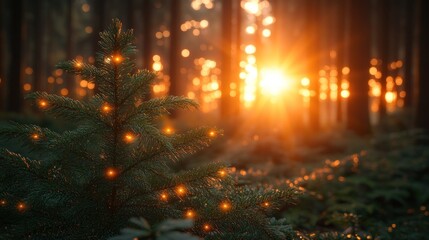 Obraz premium A small pine tree with fairy lights in the forest at sunset.