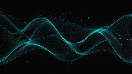 Here's a  and keyword list for your image.. Abstract teal wave particles flowing on black background.