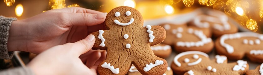 Fototapeta premium A person holds a festive gingerbread cookie with decorations.